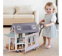 ROBOTIME Wooden Portable RV-Style Dollhouse for Kids - Includes Skylights, Tent, Outdoor Dining Set, Indoor Bar & Wheels for Easy Mobility - Realistic Play for Ages 3+