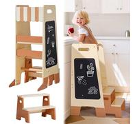 ROBOTIME Wooden Toddler Step Stool with Safety Rail & Blackboard - Montessori Kitchen Wooden Helper Tower for Kids Ages 2+, Bathroom & Nursery Training Stool Aid for Children
