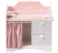 ROBUD Baby Doll Bed with Wardrobe, Wooden Dolls Cot Toy with Bedding, Storage & Hooks, Doll Accessories Furniture Crib Fits Dolls up to 22", Gifts for Girls Boys Age 3+ (Pink)