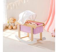 ROBUD Doll Cradle with Canopy for 18 Inch Doll, Wooden Dolls Bed Rocking Crib with Mattress & Pillow, Doll Furniture Pretend Play Toy for Kids Girls Age 3+, Pink