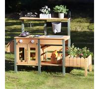 ROBUD Kids Mud Kitchen, Wooden Toy Kitchen with Real Faucet, Planting Box, Insect Observation, Storage Shelves, Pretend Play Outdoor Toys Gifts for Girls Boys Age 3+, Natural Wood