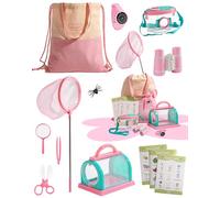 ROBUD Outdoor Explorer Kit for Kids, 13 PCS Bug Catching Adventure Set with Kids Binoculars, Compass Watch, Butterfly Net, Magnifying Glass, Bug Hunting Kit for Toddler Ages 3-12, Pink