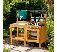 ROBUD Outdoor Mud Kitchen for Kids, Wooden Play Kitchen with Removable Sink, Facucet, Stove, Planting Pots, Storage Shelf, Chalkboard, Pretend Play Toy Kitchen Playset for Toddlers Boys Girls Age 3+
