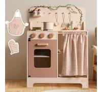 ROBUD Play Kitchen, Creamy Rose Wooden Kids Toy Kitchen with Accessories Oven, Utensils, Apron, Gloves | Children's Pretend Play Toys Gifts for Kids Age 3+
