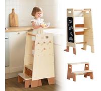 ROBUD Toddler Tower with Removable Step Stool, 2-in-1 Wooden Learning Tower for Kids with Blackboard, 3 Adjustable Height, Toddler Helper for Kitchen Bathroom Step Stool Kids 2-6 Year Old