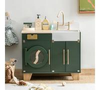 ROBUD Toy Washing Machine Play Kitchen Playset, Wooden Pretend Laundry Sink Unit with Faucet, Storage Cabinet with Sound/Iron, Realistic Wooden Toys Kids Kitchen for Toddlers Age 3-8