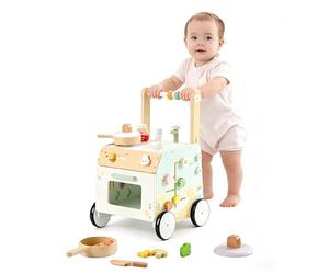 ROBUD Wooden Baby Walker, Adjustable Push Along Walker Toy with Sensory Play & Storage Basket, Height & Speed Control, Prevent Bow Legs, Natural Wood Activity Center for Toddlers 10M-36M