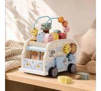 ROBUD Wooden Bus Activity Cube, 8-in-1 Montessori Busy Car Toy with Bead Maze, Gears & Latches, Educational Sensory Toy for Toddlers 1-3, Blue