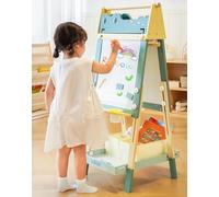 ROBUD Wooden Easel for Kids, Double-Sided Whiteboard & Chalkboard with Paper Roll, Height Adjustable Drawing Board with Magnets, Paint Pots, Storage Tray, Crocodile Design for Boys & Girls Ages 3+
