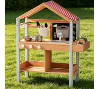 ROBUD Wooden Mud Kitchen with Canopy, Outdoor Play Kitchen for Kids with Planting Box, Stove, Working Water Tank & Faucet & Sink, Chalkboard, Storage, Garden Pretend Toy Kitchen for Kids Age 3+