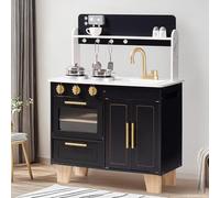 ROBUD Wooden Toy Kitchen for Kids, Modern Marble-Style Play Kitchen with Realistic Oven, Stove & Coffee Station, Storage Cabinet, Metal Kitchen Utensils, Gifts for Kids Ages 3+