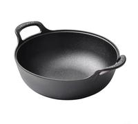 Robust Cast Iron Wok with Flat Bottom, Wooden Lid, for Varied Cooking Approaches and Family Meals (A)