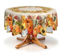 Robvobe Fall Tablecloth Round 60 Inch Pumpkin Sunflower Maple Leaf Autumn Colored Thanksgiving Harvest Print Decorative Washable Polyester Table Cloth for Party Picnic Home Kitchen Decor
