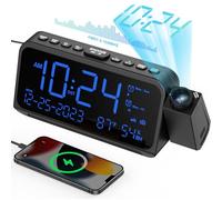 ROCAM Radio Alarm Clocks Bedside with Projection for Bedroom, Digital Clock with 180° Projector on Ceiling Wall, Dimmer, Temp, Humidity, USB & Type C Ports, Night Light, Weekend/Weekday Mode