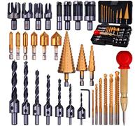 Rocaris 32 Pack Woodworking Chamfer Drilling Tools, Including Countersink Drill Bits, L-Wrench, Wood Plug Cutter, Step Bit, Center Punch, Cutting Twist Bits