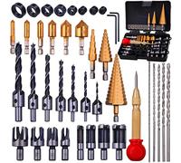 Rocaris 39 Pack Woodworking Chamfer Drilling Tools, Including Countersink Drill Bits, L-Wrench, Wood Plug Cutter, Step Drill Bit, Center Punch, Drill Stop Bit Collar Set, Twist Drill Bit Tool