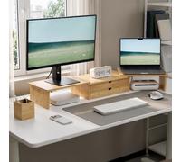 ROCDEER 3-in-1 Bamboo Monitor Stand, Modular Desk Riser with Drawers | 3-in-1 bamboo desk shelf with 2 drawers for monitors, laptop, keyboard and home office storage
