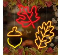 ROCEEI 3 Pcs 2025 Thanksgiving Neon Sign Fall Window Lights Autumn Decor Maple Leaf Acorn Neon LED Lights Thanksgiving USB Wall Bar Living Room Decoration for Autumn Party Holiday Bedroom Gifts