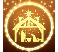 ROCEEI 9.45 Inch Christmas Decorative Window Nativity Scene Hanging Lights Xmas Lights Up Sign Indoor Outdoor Nativity Window Holy Night Decor Christian Jesus Sign for Xmas Holiday Party