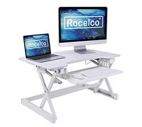 Rocelco 81cm Standing Desk Converter with Retractable Keyboard Tray - Dual Gas Spring Lift - Height Adjustable Sit Stand Computer Workstation Riser for Two Monitors and Laptop - White (R EADRW)