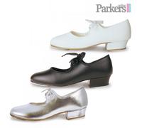 ROCH VALLEY TAP SHOES GIRLS LOW HEEL SILVER WHITE BLACK PU DANCE 5C - 8A LHP