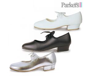 ROCH VALLEY TAP SHOES GIRLS LOW HEEL SILVER WHITE BLACK PU DANCE 5C - 8A LHP