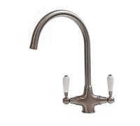Rochester Brushed Nickle Twin Lever White Handle Kitchen Tap Swan Neck