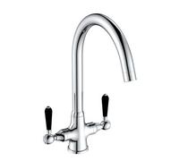 Rochester Chrome Twin Lever Black Handle Kitchen Tap Swan Neck
