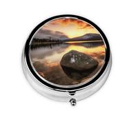 Rock and Lake Under Sunset Printed Round Pill Organizer with 3 Compartments, Portable Mini Pill Box Pill Case for Medicine, Vitamin, Fish Oil, Supplements