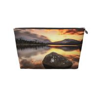 Rock and Lake Under Sunset Printed Toiletry Bag for Women Girl Portable Travel Cosmetic Bag Leather Makeup Pouch Organizer with Silver Zipper