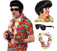 Rock and Roll King Hawaii Costume Large - Red Hawaiian Aloha Shirt, Black Quiff Wig, Multicoloured Lei and Sunglasses - TV and Film Fancy Dress Costume