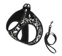 Rock and Roll Skull Print Cute Pet Leash Vest Small Dog Harness Vest, Breathable Reflective Puppy & Cat Harness, Adjustable No Pull Pet Walking Set