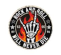 Rock And Roll Will Never Die Skeleton Hand Flames Stars Numbers Round Vintage Tin Sign,Retro Wall Art,Metal Poster for Home, Bar, Garage, Cafe, Rustic Indoor & Outdoor Decor, 8x8 Inches