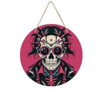 Rock Brothers Skulls Theme Welcome Sign for Front Door 7.9 Wooden Flower Door Hanger, Rustic Round Large Wood Plaque Wall Hanging Decor for Front Porch Outdoor Farmhouse Home Decorations