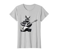 Rock Cat Playing Guitar Funny Guitar Cat T-Shirt, Women, Silver Grey, X-Small