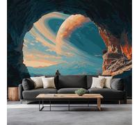 Rock Cave Planets Astronaut Mural Wallpaper, Non-Woven Photo Wallpaper - Blue Background XXL Wall Art Mural W400 x H280 cm for Living Room Bedroom Children's Room Office Wall Decor