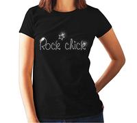 Rock Chick Ladies Fitted T Shirt - Crystal Rhinestone Design - Rock and ROLL - Disco - Fancy Dress - (Size 8 to 16) (18-20 XXX-Large) Black