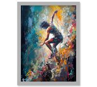 Rock Climber Multicoloured Mountain Cliff Descent Artwork Framed Wall Art Print A4 Artery8 Light Grey One Size