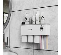 ROCK CLOUD Toothbrush Holder Wall Mounted Automatic Toothpaste Dispenser Squeezer Kit Saving Space, 4 Toothbrush Slots,2 Cups and Drawers for Bathroom