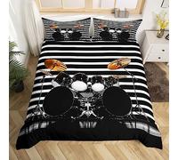 Rock Drum Set Bed Set Geometric Stripe Duvet Cover, Modern Geometry Bedding Set Single Funk Drum Kit Comforter Cover, Music Instruments Bed Cover Breathable Cool Drummer Bedroom Decor
