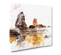 Rock Formations on a Beach in Oregon Watercolour Modern Canvas Wall Art Print Ready to Hang, Framed Picture for Living Room Bedroom Home Office Décor, 20x20 Inch (50x50 cm)