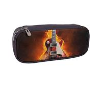 Rock Guitar in Burning Printed Pu Leather Pencil Case Box Flip Pen Bag and Makeup Cosmetic Holder for Girls Boys School Students