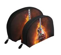 Rock Guitar in Burning Printing Shell Makeup Bag Set 2-Piece Cosmetic Bags Portable Travel Makeup Storage Bag for Women Girls