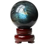 Rock Labradorite Sphere with Wooden Stand,Scrying Feng Shui Crystal Stone Sculpture Home Office Decor,3.54"(9cm)