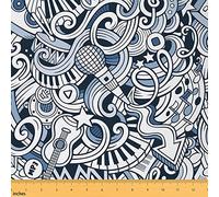 Rock Music Fabric by The Yard Cartoon Guitar Drum Kit Theme Upholstery Fabric for Home DIY Projects Musical Instrument Doodles Waterproof Outdoor Fabric 1 Yard (L92*W150cm) Blue White