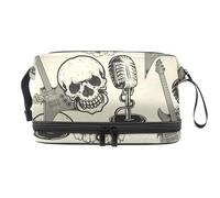 Rock Music Guitar and Skull Flowers Double Layer Cosmetic Bag for Women and Girls, Travel Toiletry Bag Makeup Handy Pouch Organiser Bag with Brush Compartment