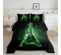 Rock Music Kids Comforter Sets Queen,Electric Guitar Bedding Comforter Sets,Guitar Musical Instrument Quilt Sets for Boys Girls,Neon Green Flame Modern Artistic Duvet Insert with 2 Pillowcases