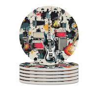 Rock Music Pattern Ceramic Coaster Round Drink Coaster with Cork Base Non-Slip Absorbent Cup Mat Suitable for Mug Beer Bar Coffee Table Protection Home Decor 6PCS