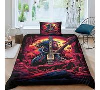 Rock 'n' Roll Bedding Set,3D Heavy Metal Guitar Quilt Duvet Cover Sets,skull Bed Cover Soft,heavy Metal Guitar Duvet Set with Zipper Single（135x200cm）
