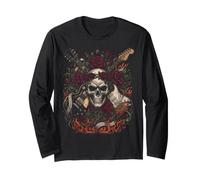 Rock N Roll Skull with Rose Electric Guitar Flame Graphic Long Sleeve T-Shirt